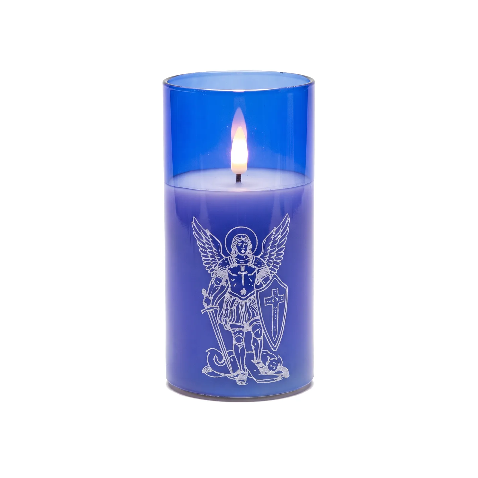 St. Michael candle, blue glass
