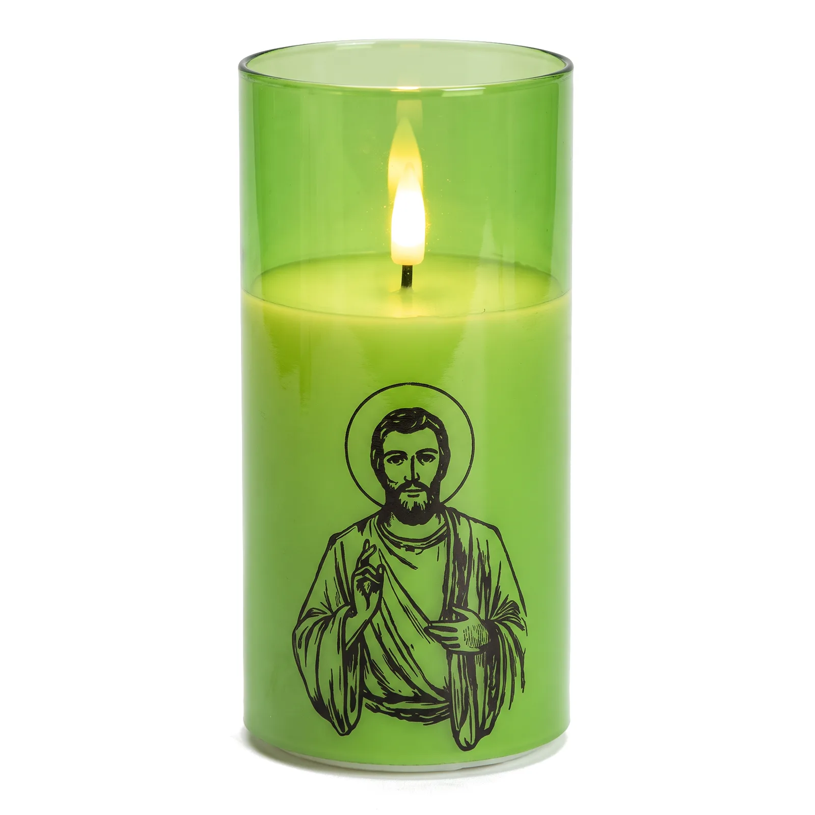 St. Jude candle, green glass
