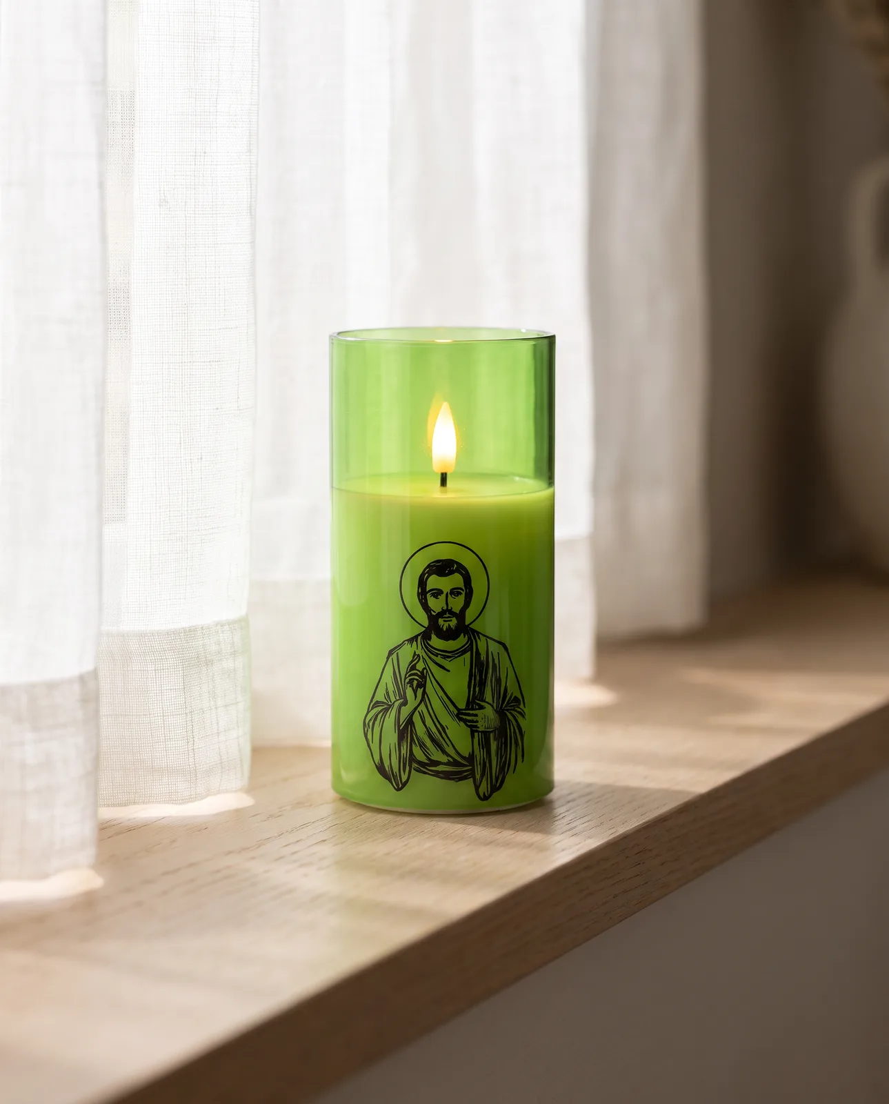 St. Jude candle, green glass, scene