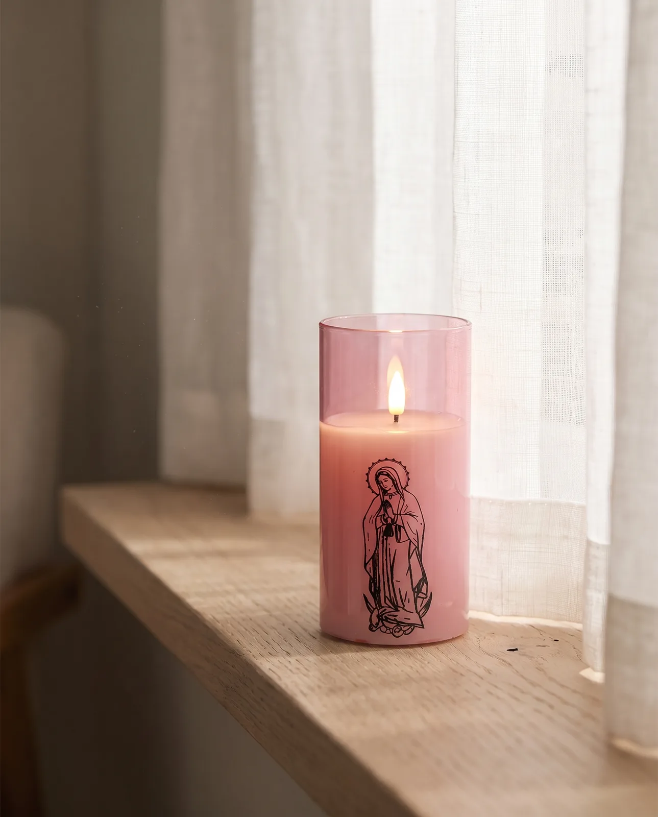 St. Mary candle, pink glass, scene