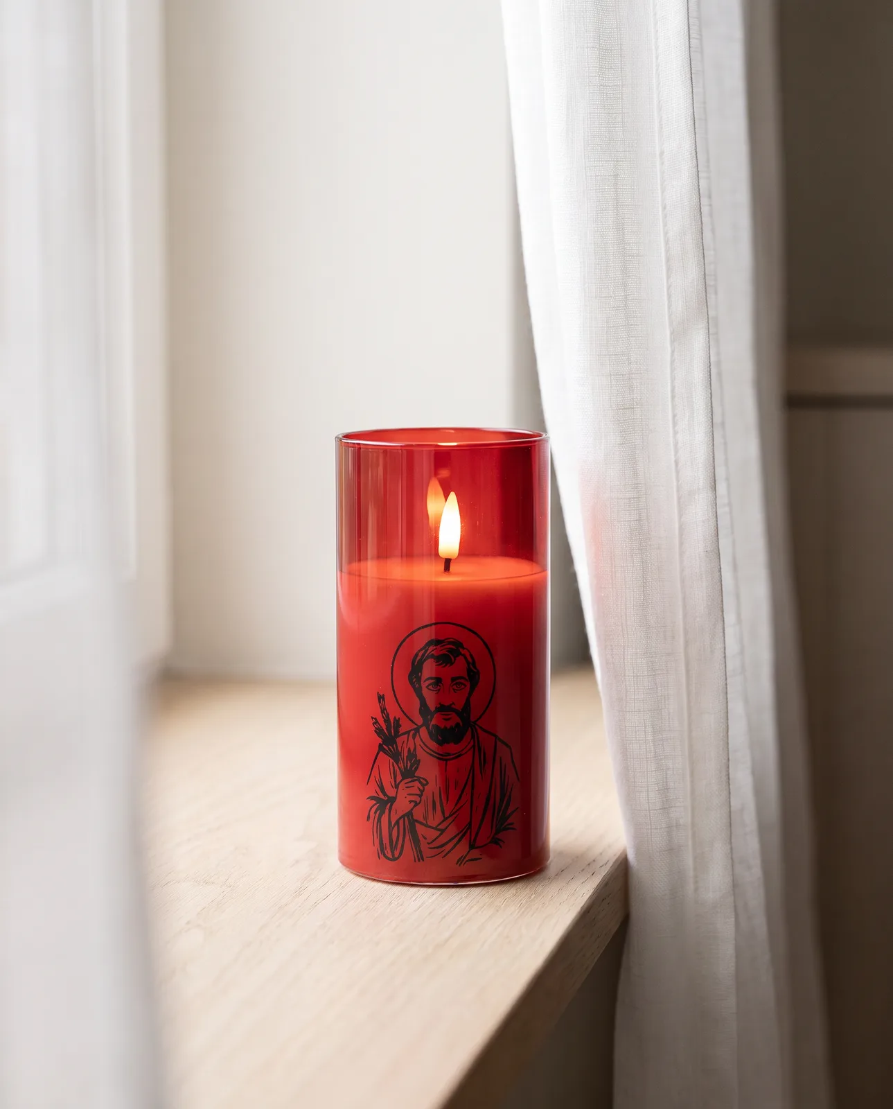 St. Joseph candle, red glass, scene
