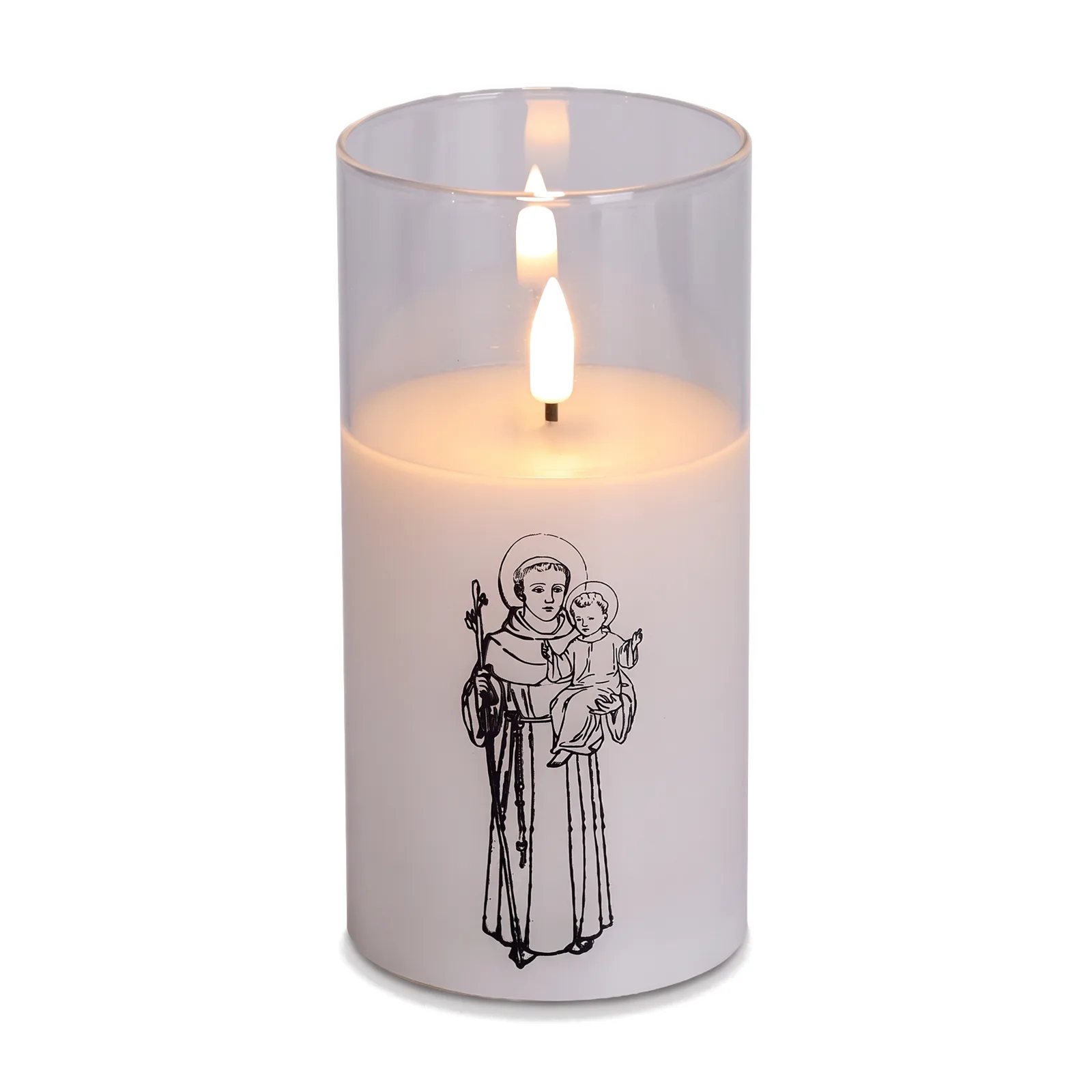 St. Anthony candle, white glass