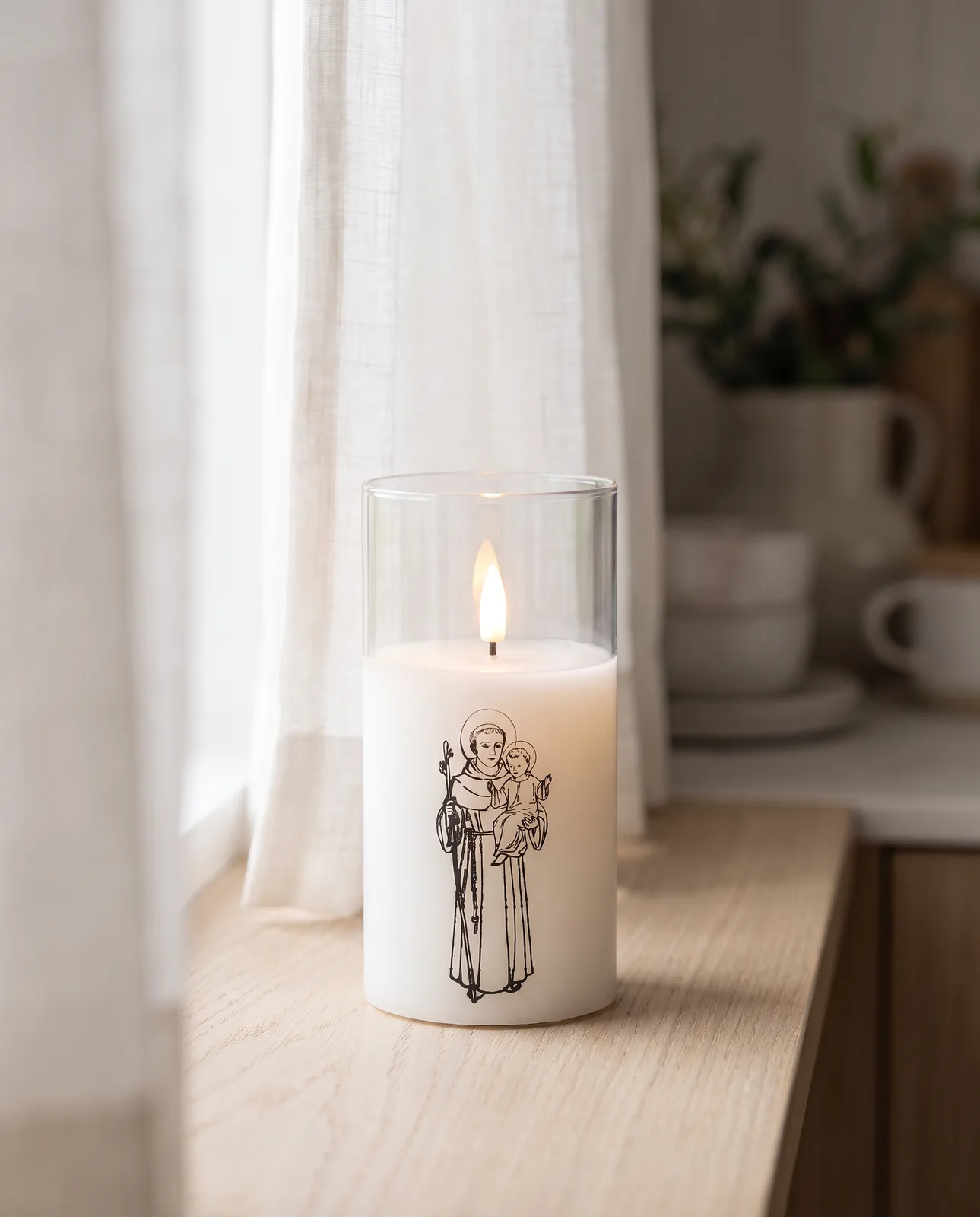St. Anthony candle, white glass, scene