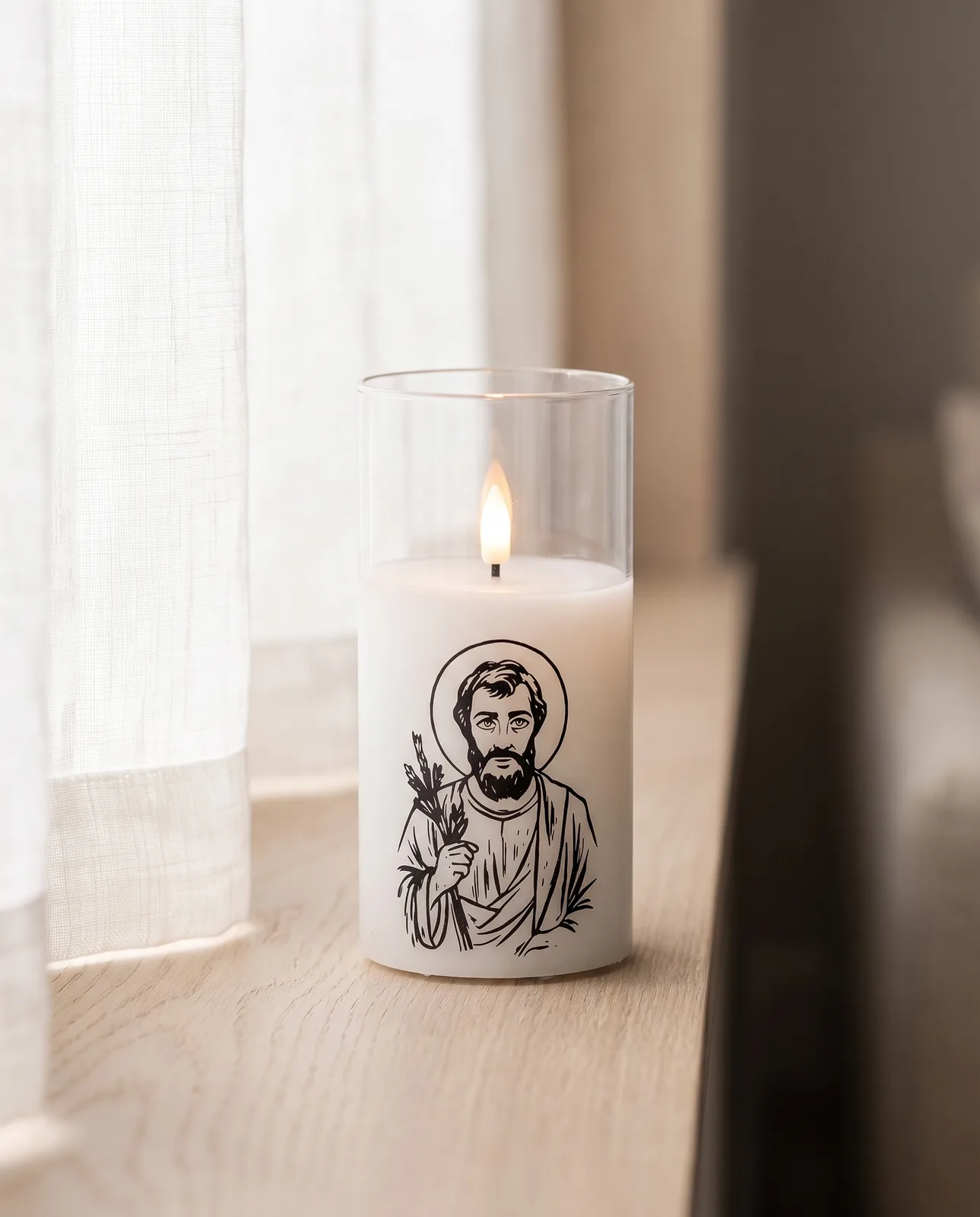 St. Joseph candle, white glass, scene
