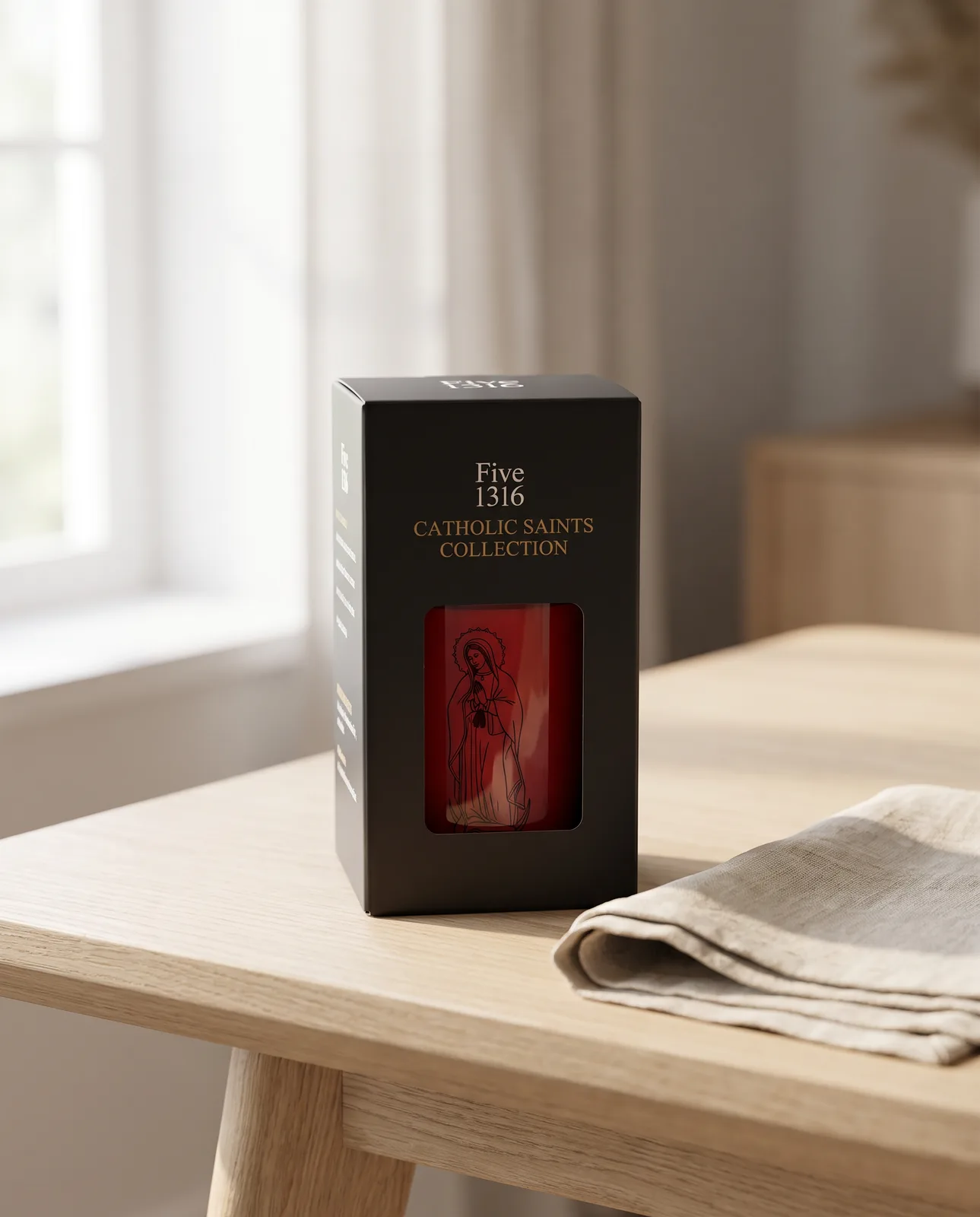 Five 1316 gift box with the red St. Mary candle showing through the window